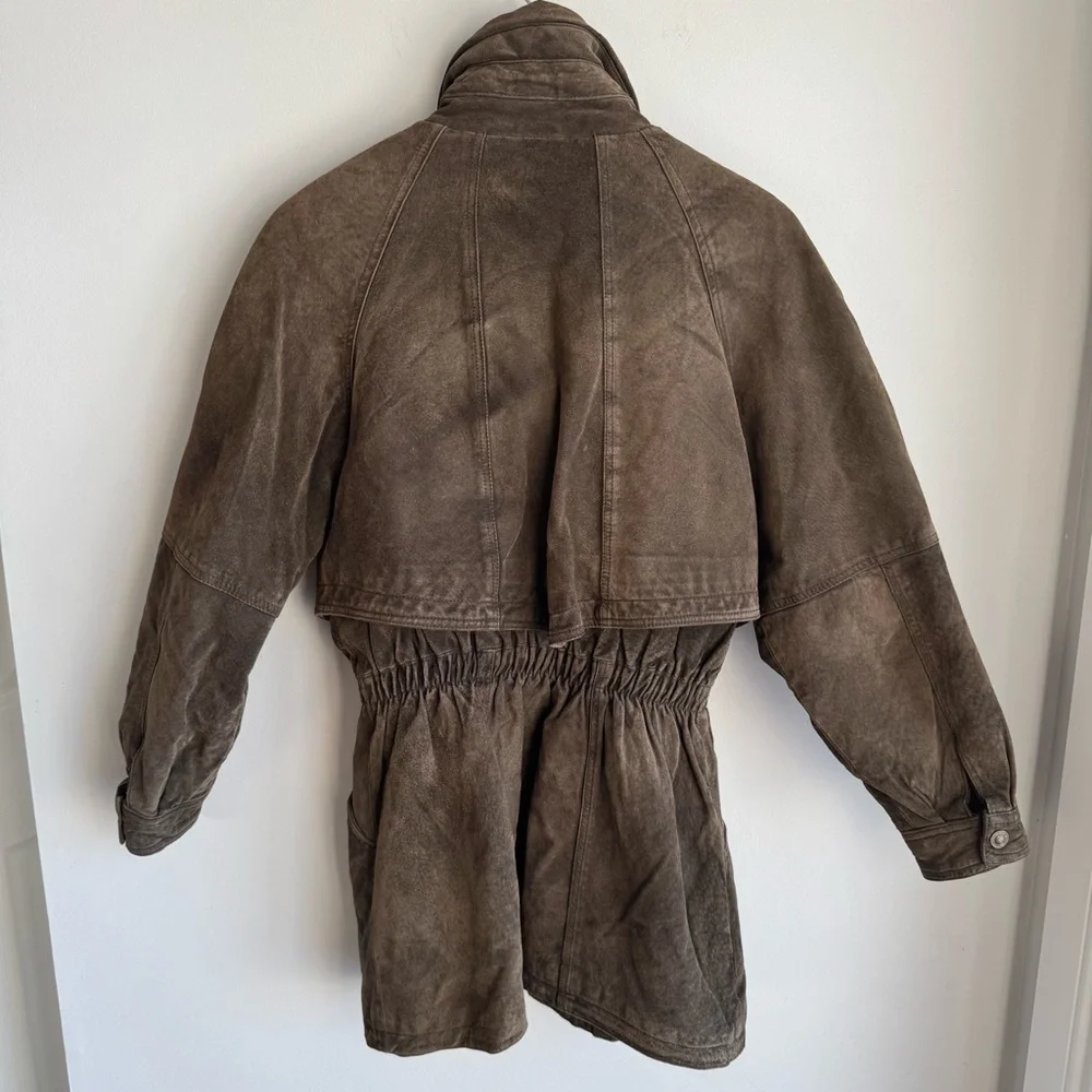 Vintage 80s Brown Suede Utility Coat Womens S Leather Longline Safari Distressed - Picture 10 of 16